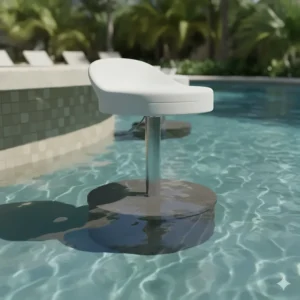 Close-up of an innovative, adjustable-height bar stool designed specifically for use in the pool, highlighting its weighted base for stability.