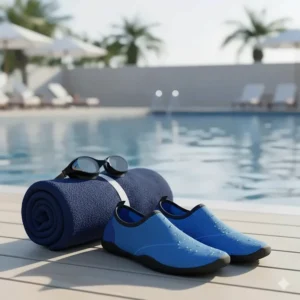 A pair of quick-drying mesh water shoes placed next to a towel and goggles, ready to be worn after a swim in the pool.