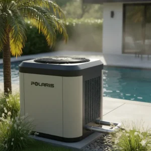 Close-up of an air-cooled swimming pool chiller unit running quietly to reduce water temperature in hot climates.