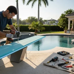 A professional technician anchoring a new diving board base to the pool deck during installation.