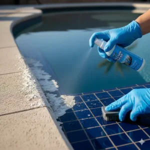 A worker wearing safety gloves applying a commercial calcium remover for pool tile to the affected waterline, following manufacturer directions.