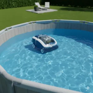 The best automatic pool cleaner model seamlessly navigating the floor of a large round above ground pool.