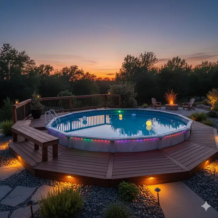 A beautiful above ground pool at night illuminated with colorful LED lights, creating a safe and inviting backyard oasis.