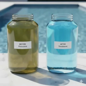 Side-by-side comparison showing a jar of extremely cloudy pool water (before) next to a jar of crystal clear pool water (after) using a flocculant treatment.