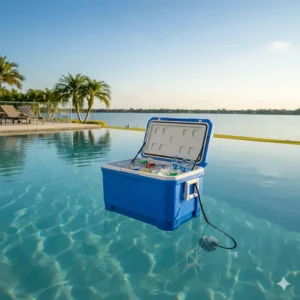 The best floating cooler, a hard-sided model with cup holders, keeps beverages cold while tethered in a swimming pool on a sunny summer day.