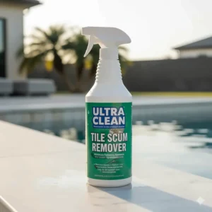 A close-up of the best pool tile scum remover chemical product with its label clearly visible.