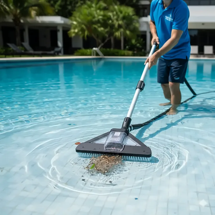 A professional pool cleaner using the best pool vacuum head to clear debris from the bottom of a sparkling blue swimming pool.
