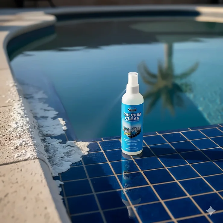 Featured image showing a clean, sparkling blue pool waterline with tile, contrasting with a small patch of tile showing calcium buildup and a bottle of calcium remover for pool tile nearby.