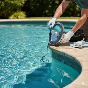 Person performing maintenance and safely changing a bulb in an underwater light for an inground pool.