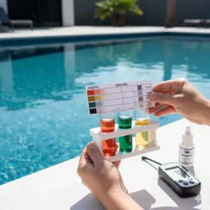 A pool owner using a test kit to check the pH and alkalinity levels of the water, a crucial step before applying pool flocculant for effective results.