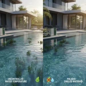 Graphic representing a decrease in algae growth thanks to the consistently cooler water provided by a swimming pool chiller.