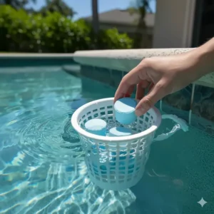 Slow-release clarifier tablets placed inside a pool skimmer basket for continuous water treatment and clarity maintenance.