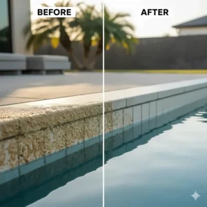 A side-by-side comparison of a clean tile and a tile with visible calcium and scum buildup at the waterline.