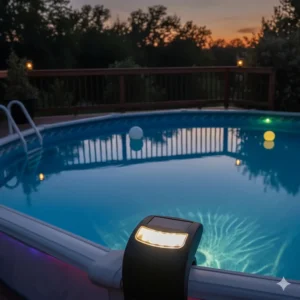 A close-up view of a clip-on light fixture attached securely to the top rail of an above ground pool for lighting.