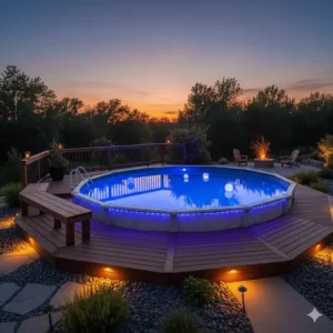 Above ground pool at night featuring a color-changing LED light system showing a vibrant blue or green hue.