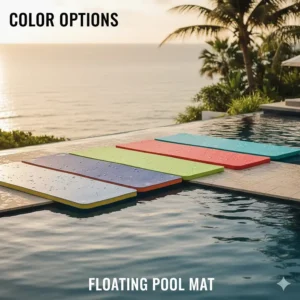 Vector illustration showcasing five different vibrant color options available for the floating pool mat product line.