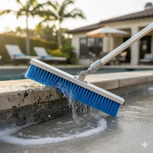 Combination algae brush with both nylon and stainless steel bristles for versatile and effective pool tile cleaning on concrete and gunite surfaces.