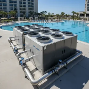 Large-scale commercial swimming pool chiller system designed for high-capacity cooling in resort or public pools.