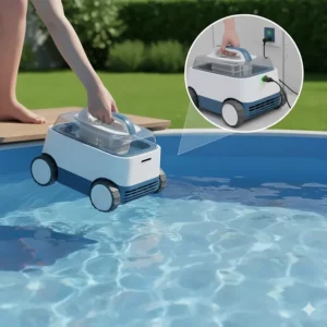 Cordless automatic pool cleaner for above ground pools being lowered into the water for hassle-free, wire-free cleaning.