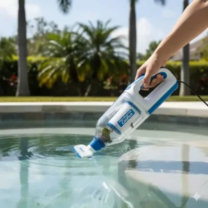 The lightweight Pool Blaster Catfish cordless pool vacuum, ideal for quick spot cleaning of spas and small above-ground pools.