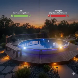 Graphic comparing the energy efficiency of LED lights versus traditional halogen for above ground pool lighting.