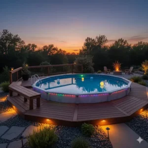 Wooden deck surrounding an above ground pool with perimeter low-voltage deck lights for safety and ambience.