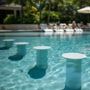 Durable, tall white bar stools positioned in the deeper section of a pool, suitable for adult seating and conversations.