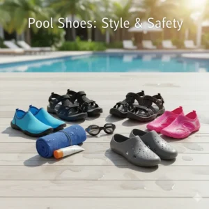 A collection of various types of water footwear—including sandals and fully enclosed pool shoes—showcasing the options available.