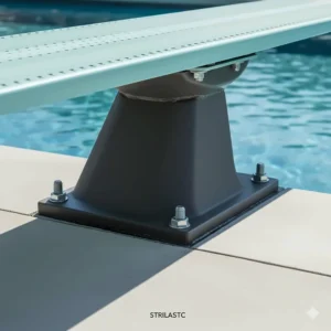 Close-up view of the robust mounting stand for a residential pool diving board.