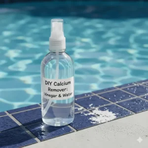 A spray bottle filled with a vinegar and water mixture, a common DIY calcium remover solution for light pool tile scale.