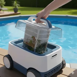Removing the easy-clean filter basket from a best automatic pool cleaner to show captured leaves and debris from the above ground pool.