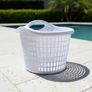 A heavy-duty plastic pool skimmer basket featuring an ergonomic handle for easy and safe removal from the skimmer box.