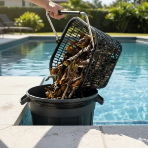 Close-up of a hand shaking a skimmer basket full of leaves and twigs into a garbage bin after removing it from the inground pool.