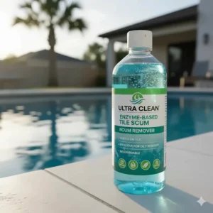 A bottle of enzyme-based pool scum remover, which is effective for oily residues and is gentler on tile.