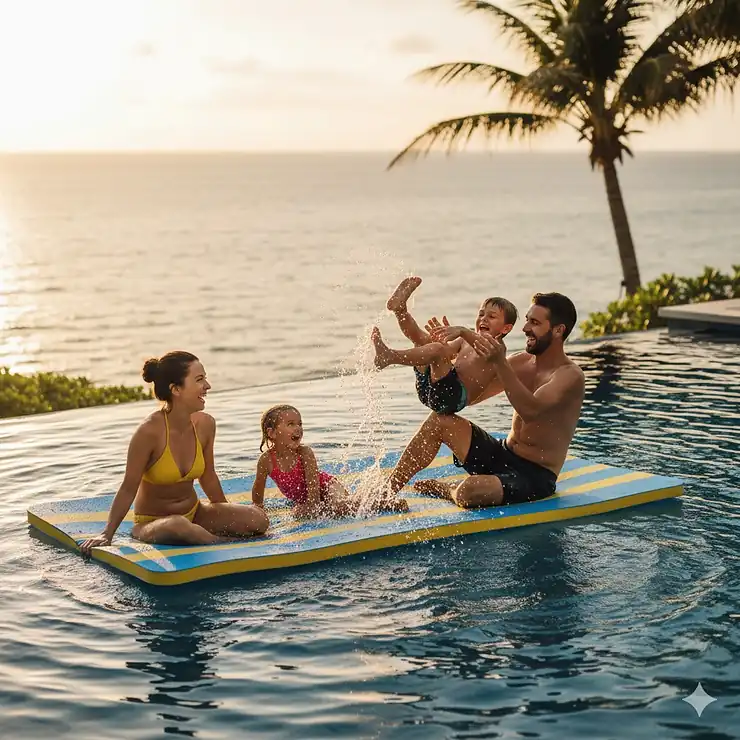 Extra large blue and yellow foam floating pool mat being used by a family on a sunny day.