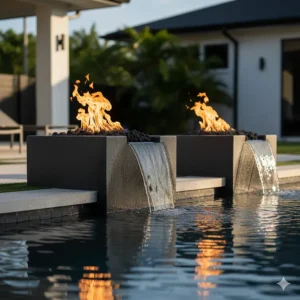Elegant fire and water combination bowl serving as a captivating poolside feature, blending the elements for an enchanting effect.