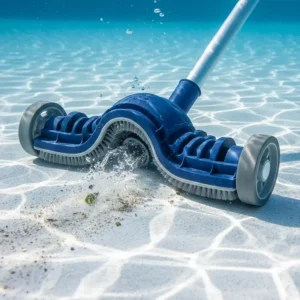 Image showing a flexible pool vacuum head with smooth-rolling wheels for easy maneuverability across uneven surfaces.