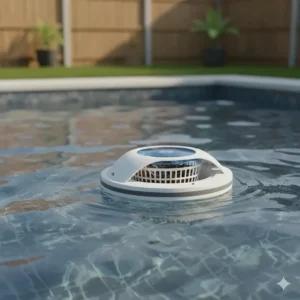 A compact floating pool skimmer moving across the water surface, ideal for easily skimming debris in above ground pools.