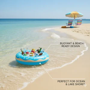 Vector illustration of a buoyant floating cooler near beach chairs on the edge of the ocean.