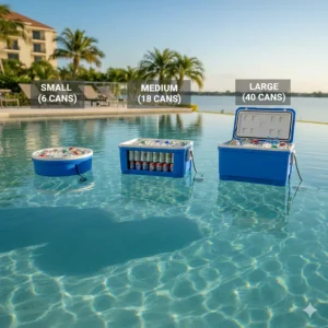 A visual comparison of three different floating coolers showing their can capacity (small, medium, and large) with ice.