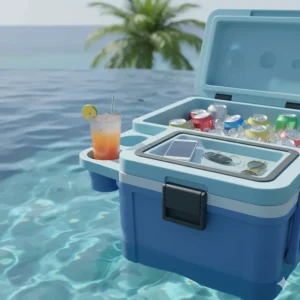 Detail shot highlighting a floating cooler's features, including external cup holders and a separate waterproof dry storage compartment.