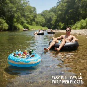 Simple illustration of a durable floating cooler being pulled easily during a river tubing trip.