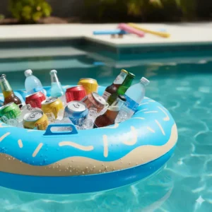 Close-up view of the built-in cup holders around the edge of the large circular floating cooler.