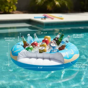 Illustration showing the high capacity interior and dimensions of the large floating cooler.