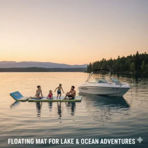 Illustration of a large non-inflatable floating pool mat tethered behind a boat on a calm lake or open water.