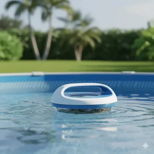 A floating pool skimmer unit designed for an above-ground pool, independently moving across the water to continuously capture surface dirt.