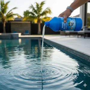 Close-up shot of a hand pouring a measured amount of pool flocculant chemical directly into the deep end of the pool.
