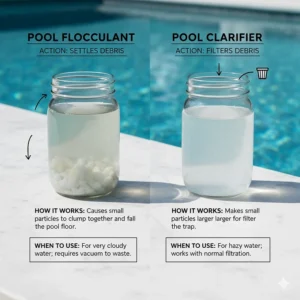 Simple infographic comparing the action of a pool flocculant (settles debris) versus a pool clarifier (filters debris), explaining when to use each for pool maintenance.