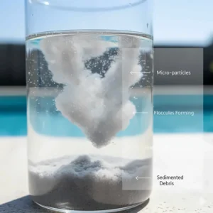 Diagram illustrating the flocculation process, showing microscopic particles clumping together at the bottom of a swimming pool after adding the chemical.
