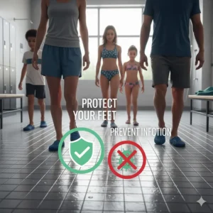 A diagram showing the importance of wearing shoes in pool areas like locker rooms and decks to prevent common foot infections.